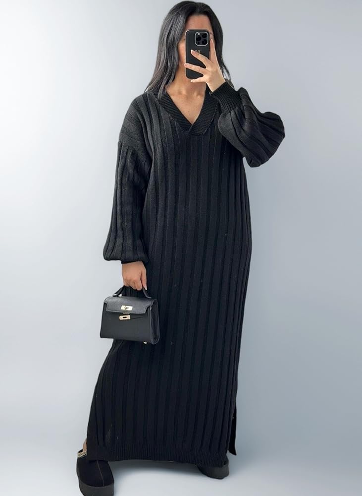 Hamishkane® Womens Rib Knitted Dress, Long Balloon Sleeve V Neck